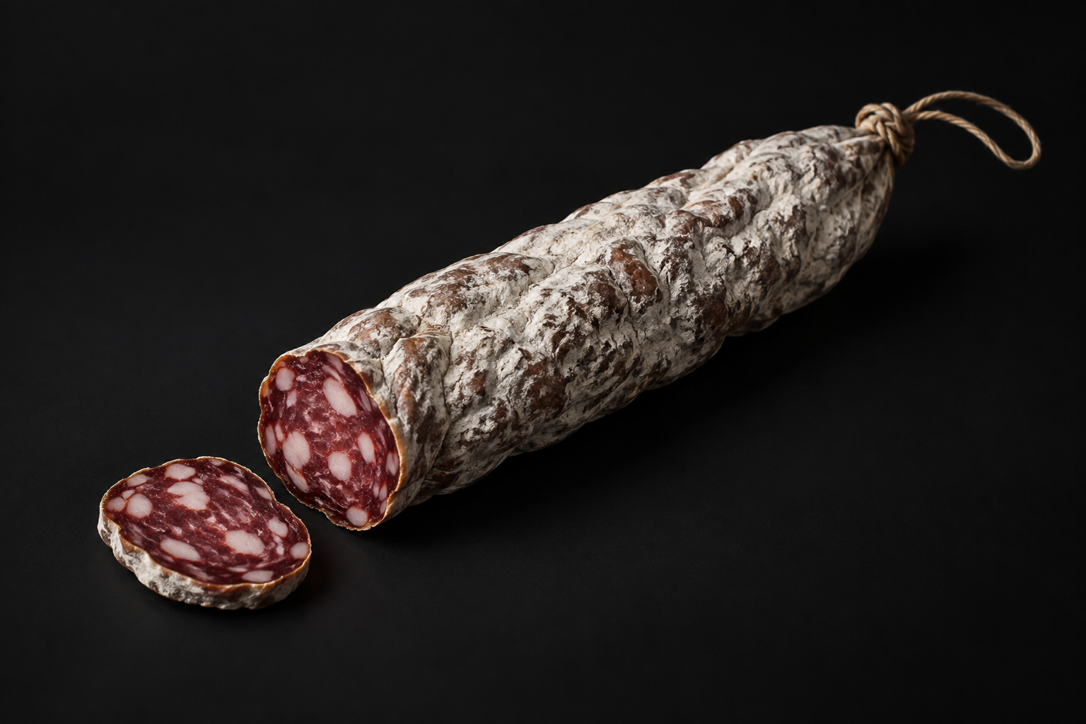 Détail du saucisson et de sa tranche, révélant les inclusions de gras